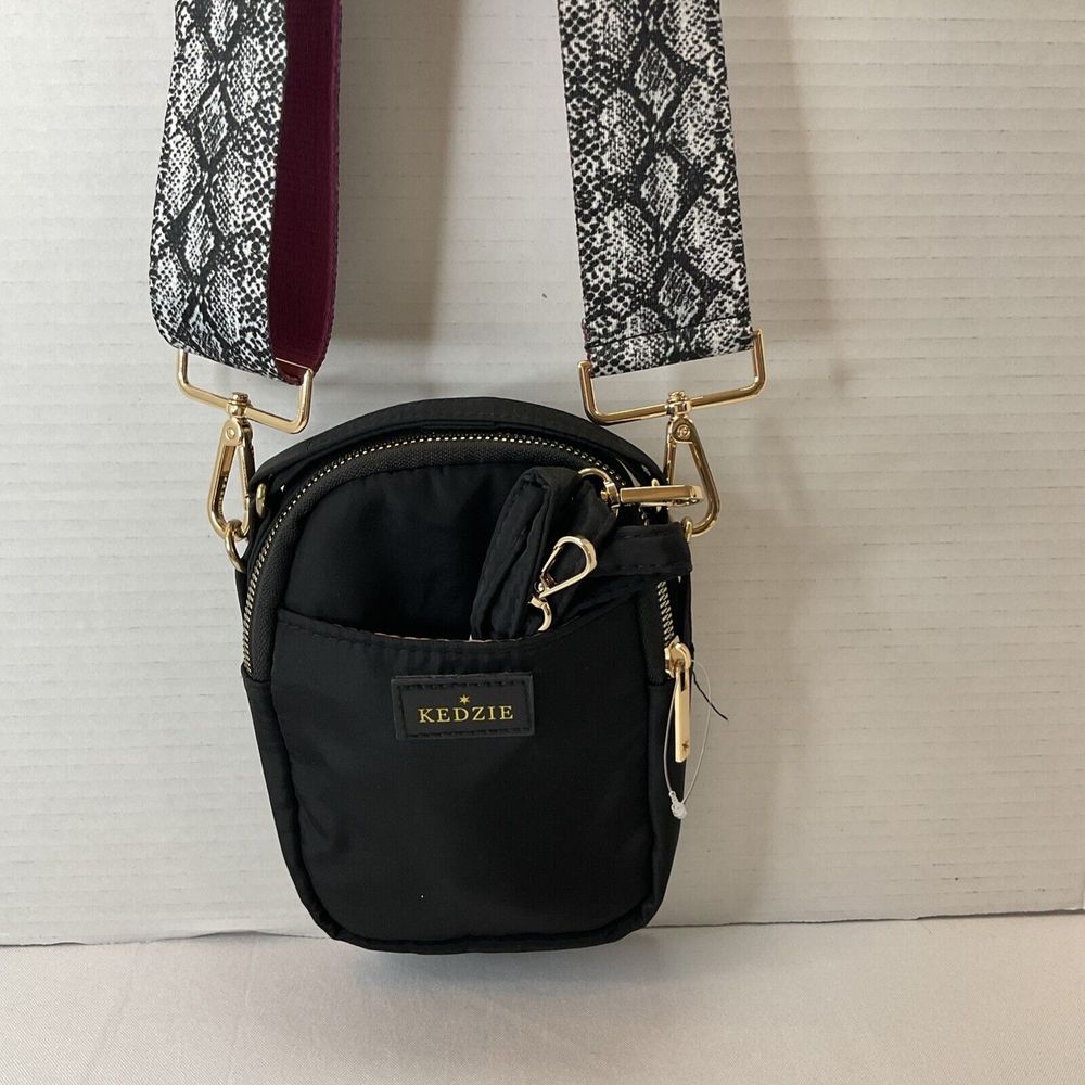 Kedzie Black Gold‎ Crosstown Crossbody Bag Includes Extra Snakeskin Guitar Strap
